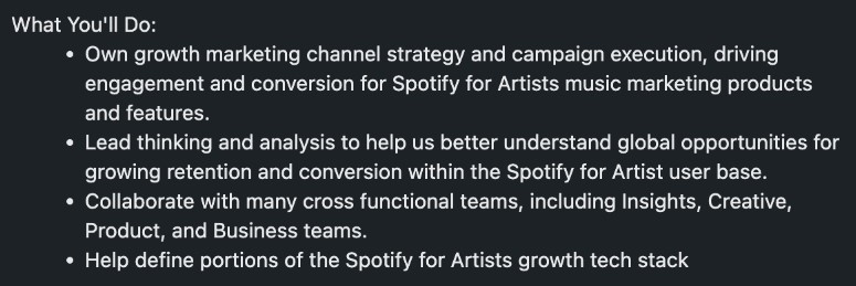 A screenshot of Spotify's growth marketer job description