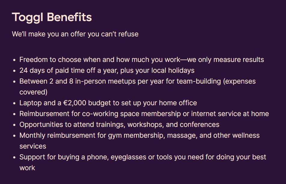 Toggl Employee Benefits